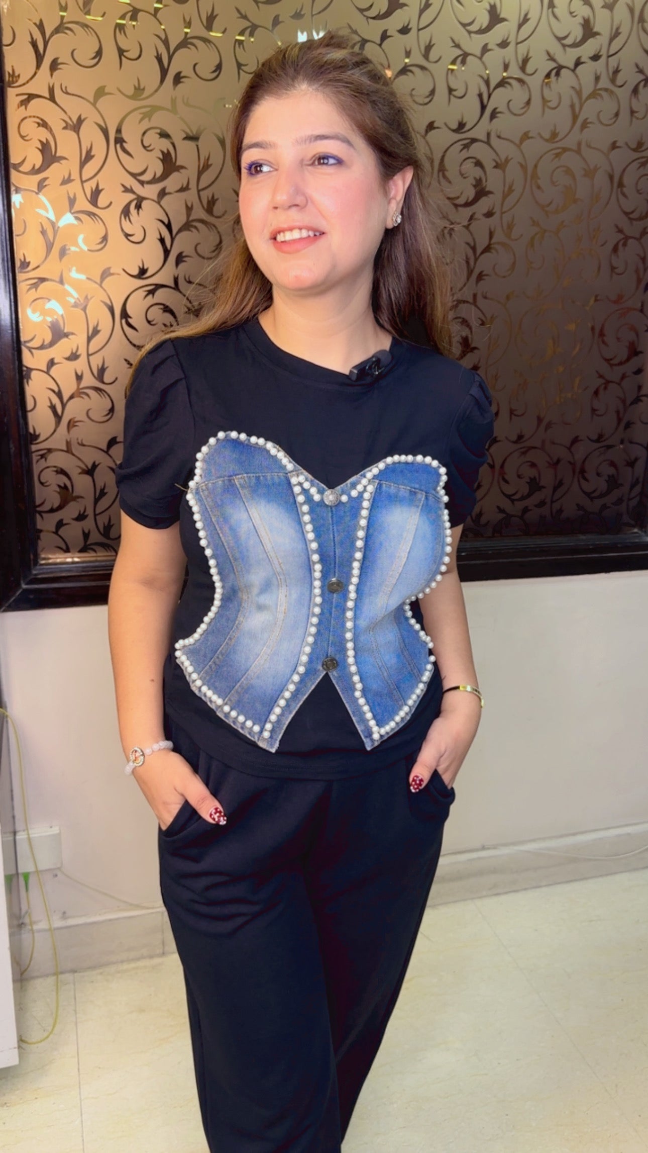 Designer Pearl with Denim Detailing Top | Western Wonders WW109