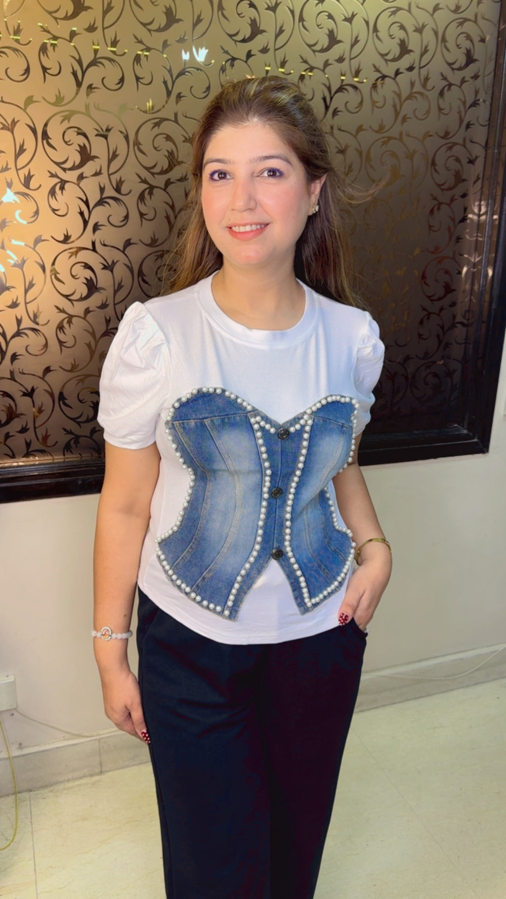 Designer Pearl with Denim Detailing Top | Western Wonders WW109