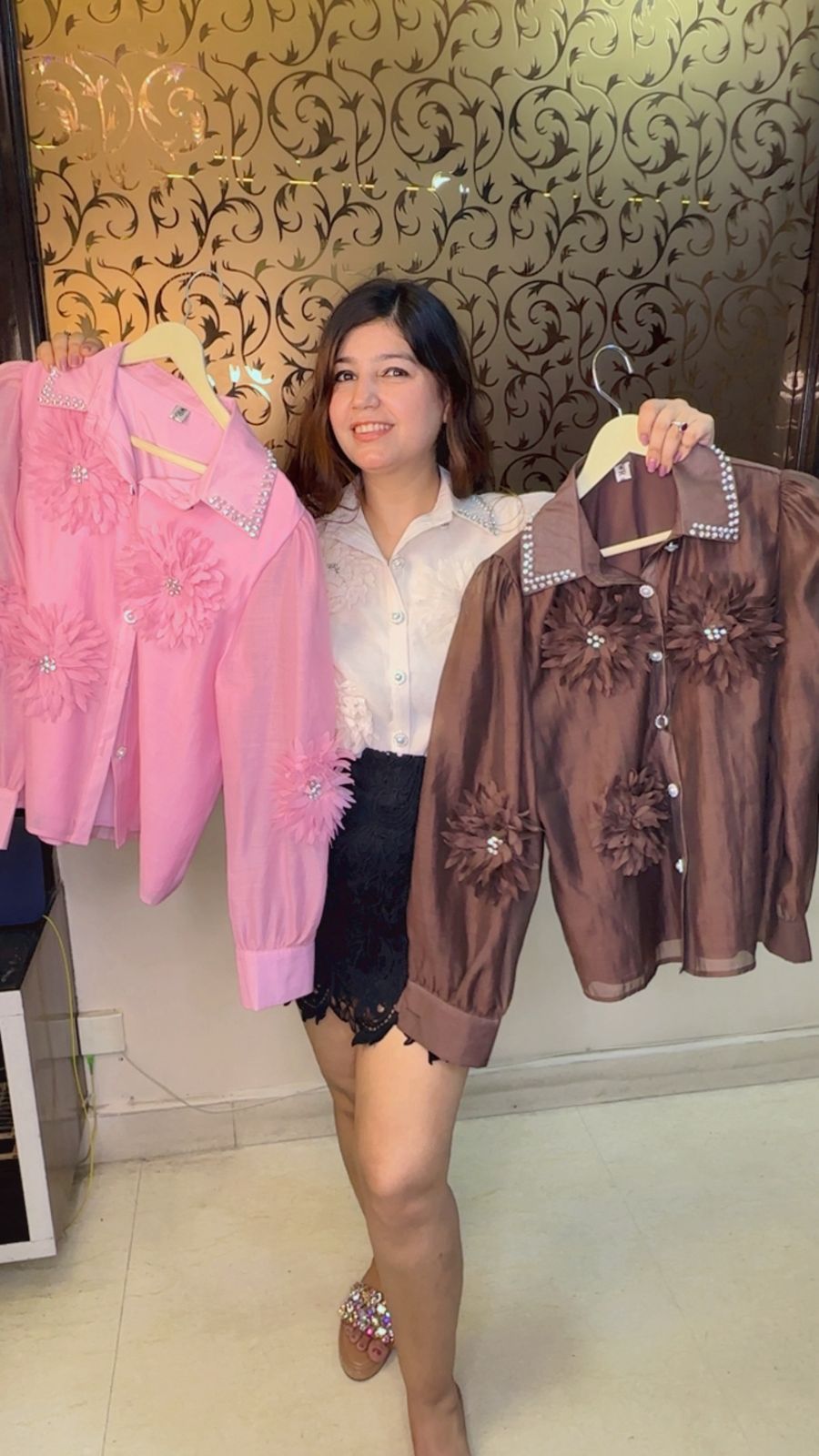 3D Frill Flower Shirt 👕 With Stone Detailing WW62