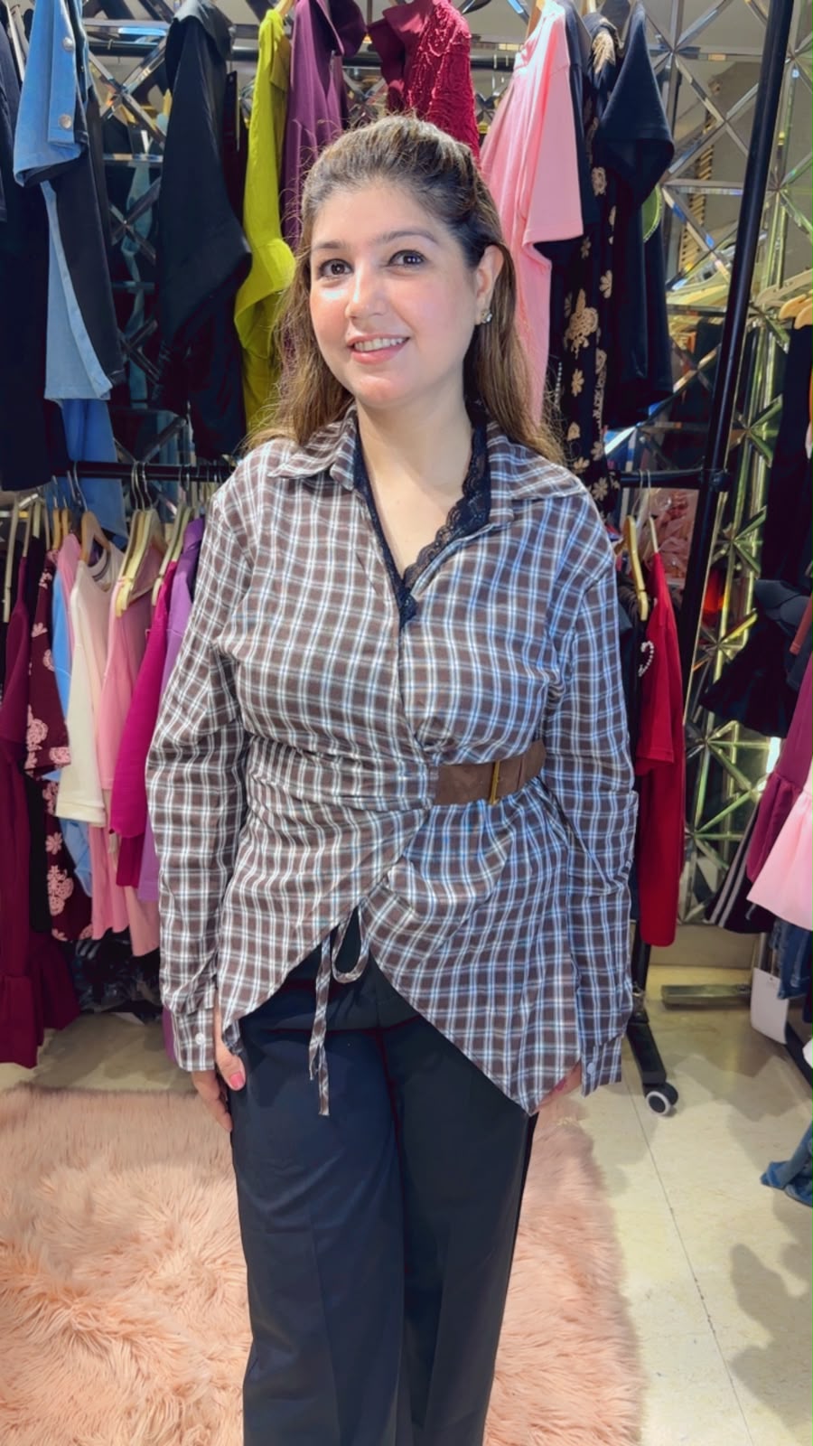 Check-Style Formal Shirt with Side Belt & Lace Neckline Detailing | Western Wonders WW141