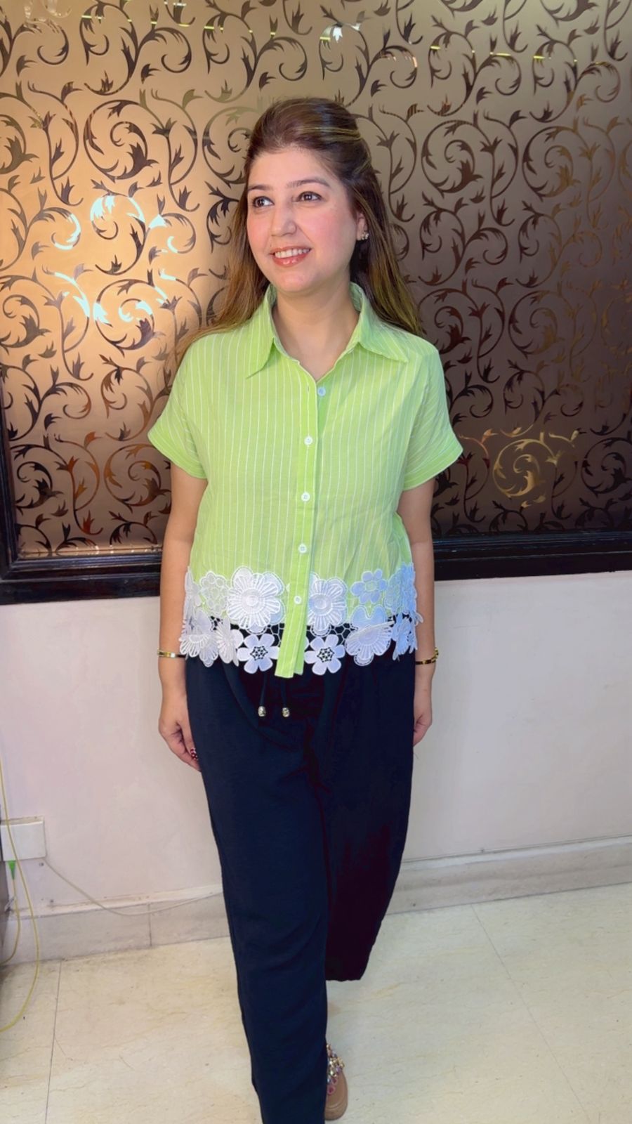 Designer Striped Shirt with Flower Lace Detail | Western Wonders WW99