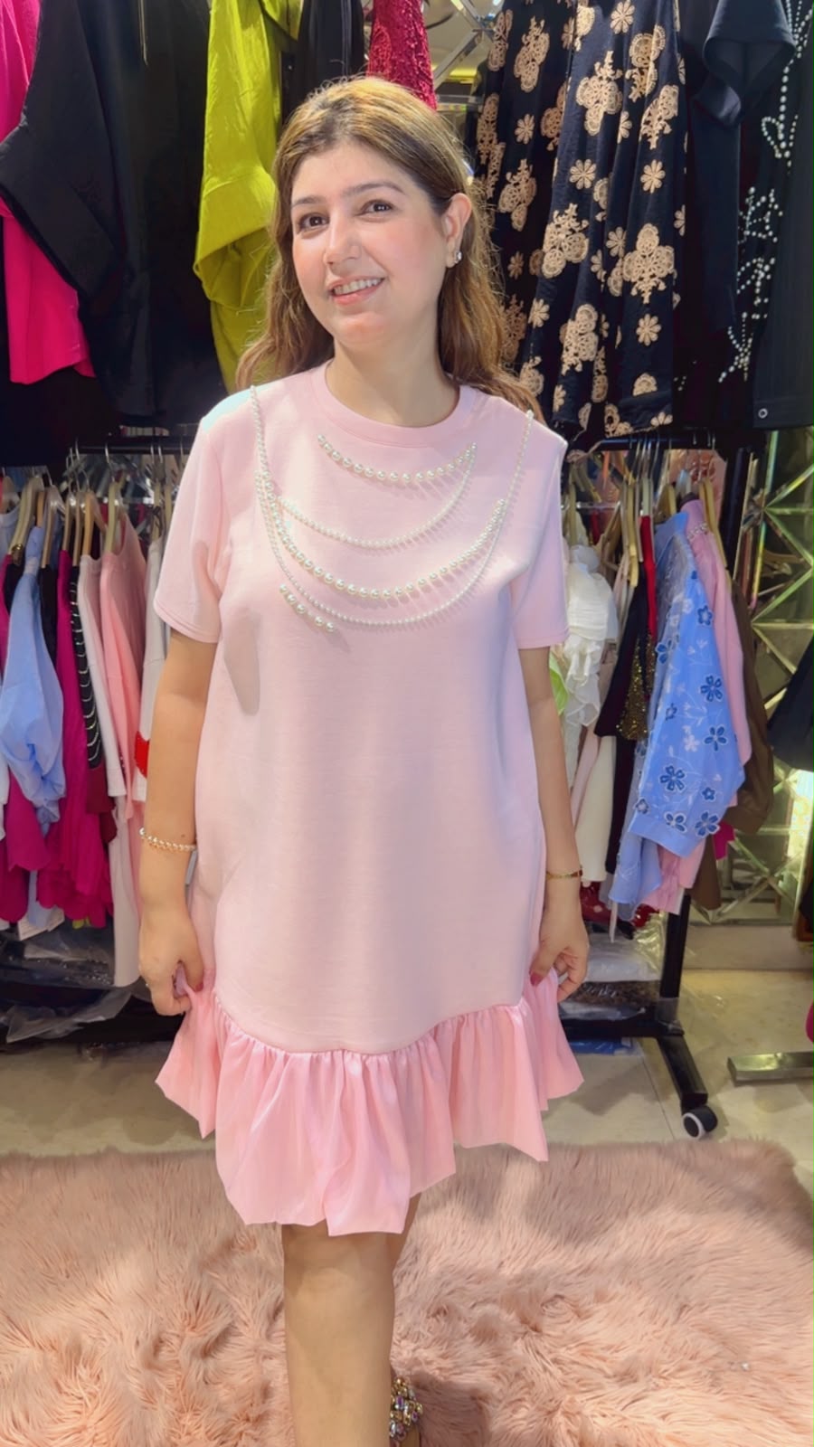 Stylish Pearl & Frill Work T-Shirt Dress | Western Wonders WW132