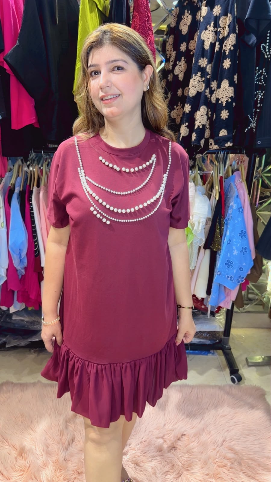 Stylish Pearl & Frill Work T-Shirt Dress | Western Wonders WW132