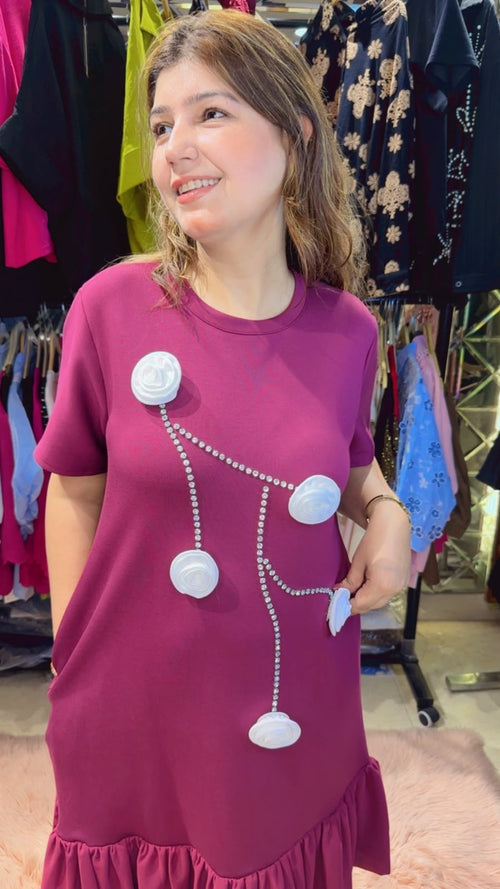 3D Flower T-Shirt Dress with Stone Work | Western Wonders WW34
