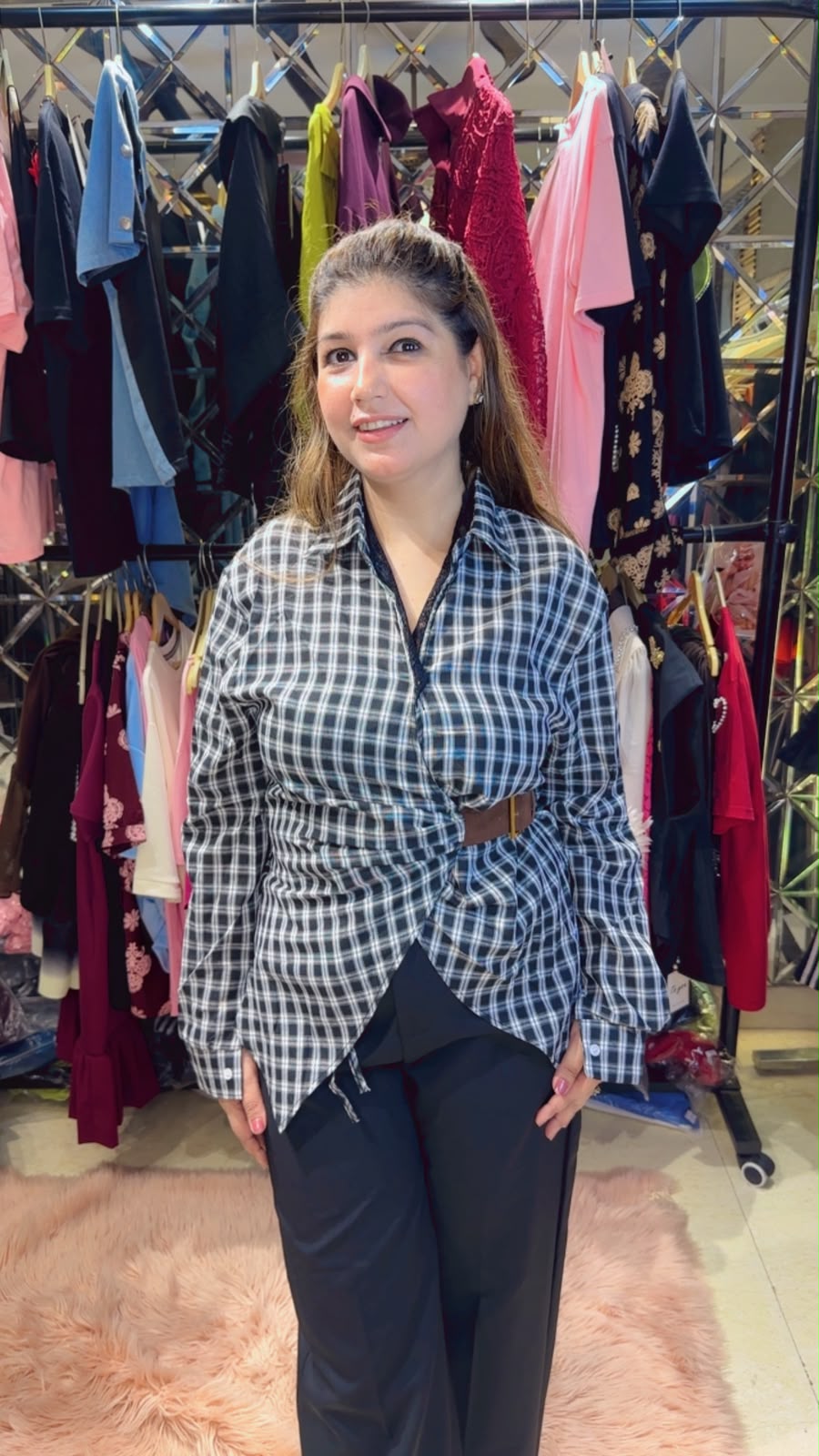 Check-Style Formal Shirt with Side Belt & Lace Neckline Detailing | Western Wonders WW141