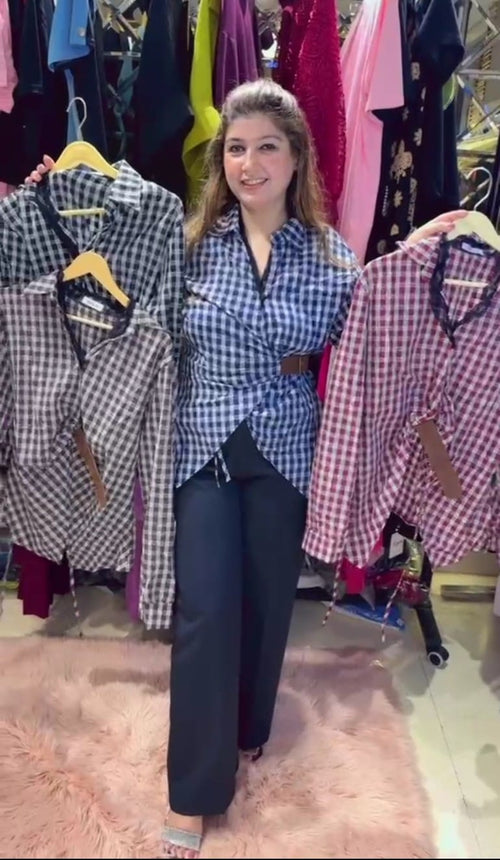 Check-Style Formal Shirt with Side Belt & Lace Neckline Detailing | Western Wonders WW141