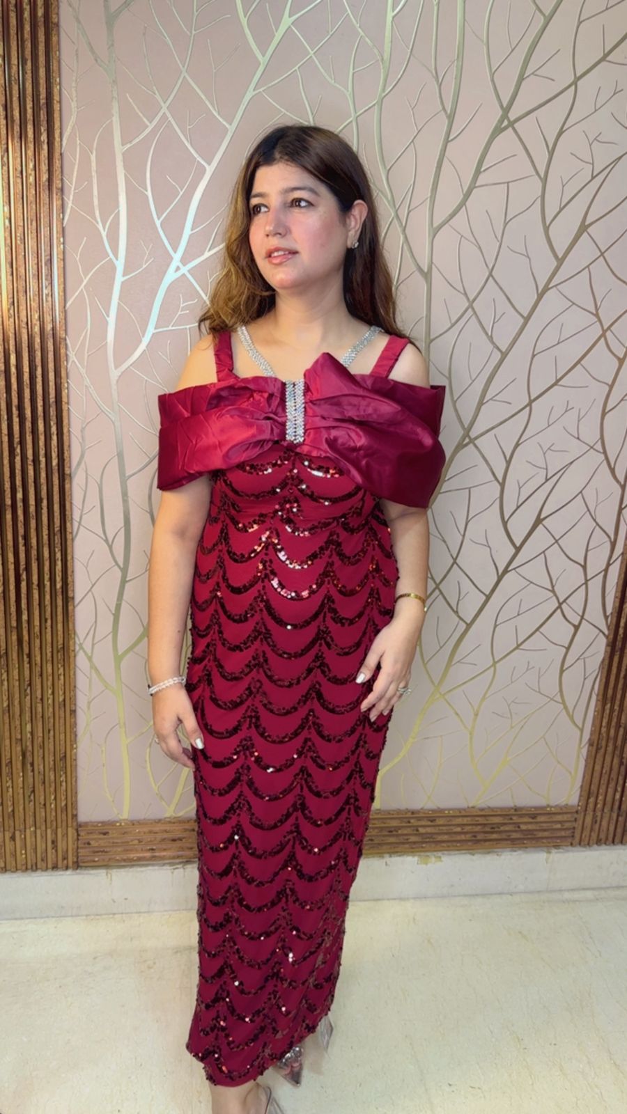 Elegant Sequin Party Wear Dress with Shoulder & Neck-Piece Detailing | Western Wonders WW171