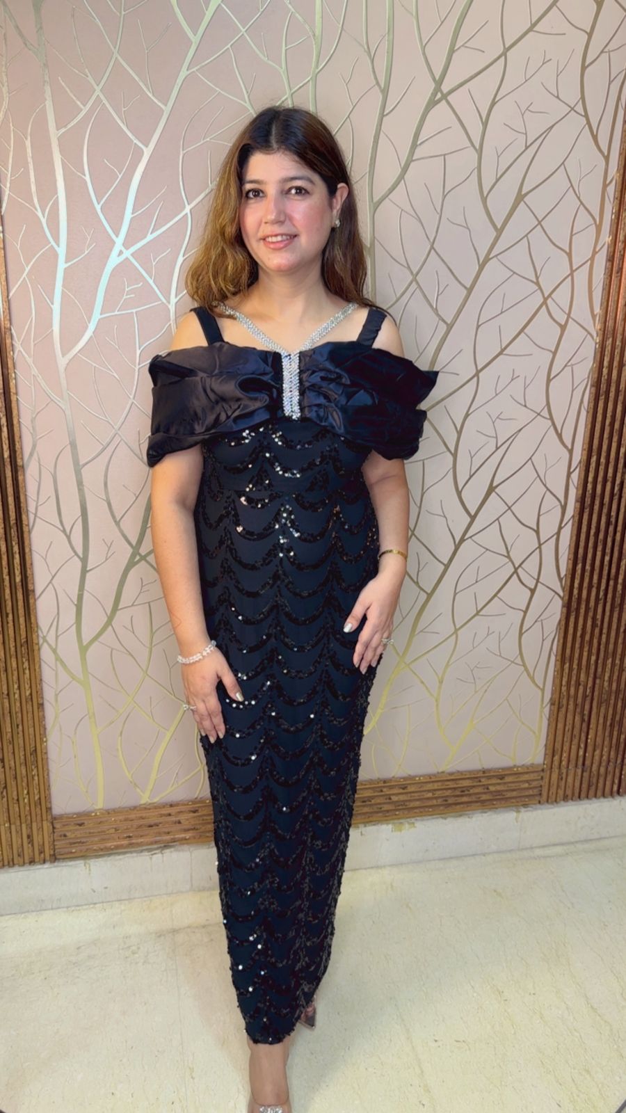 Elegant Sequin Party Wear Dress with Shoulder & Neck-Piece Detailing | Western Wonders WW171